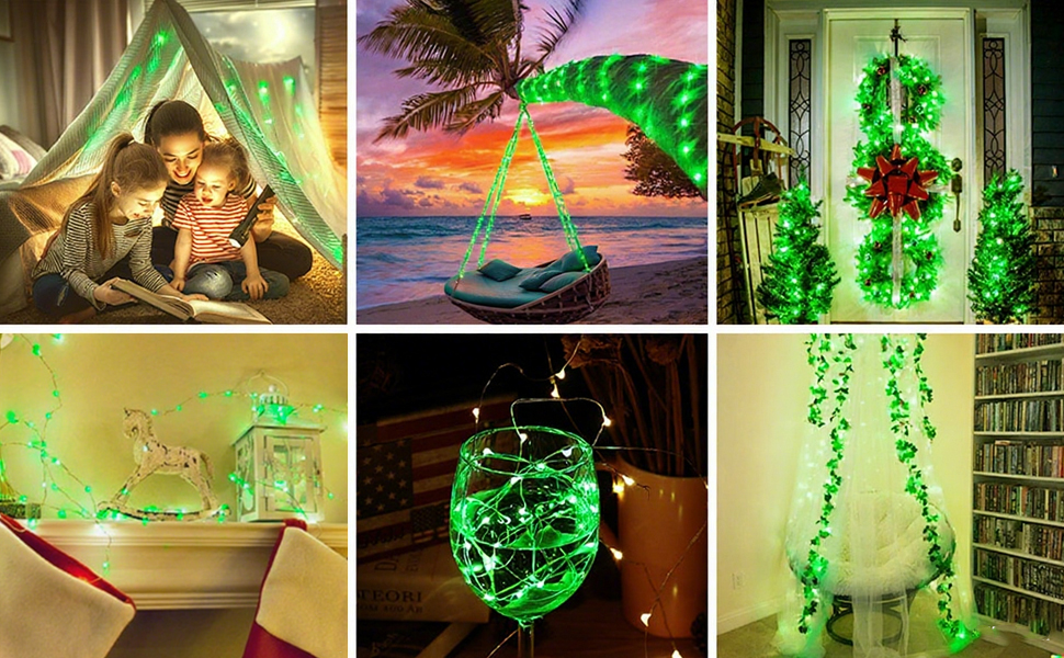 Гірлянда світлодіодна на батарейках, 100 LED, 10м, 8 режимів, пульт дистанційного керування, таймер, тепле біле світло, диммування, вологостійка, 4 зелені гірлянди