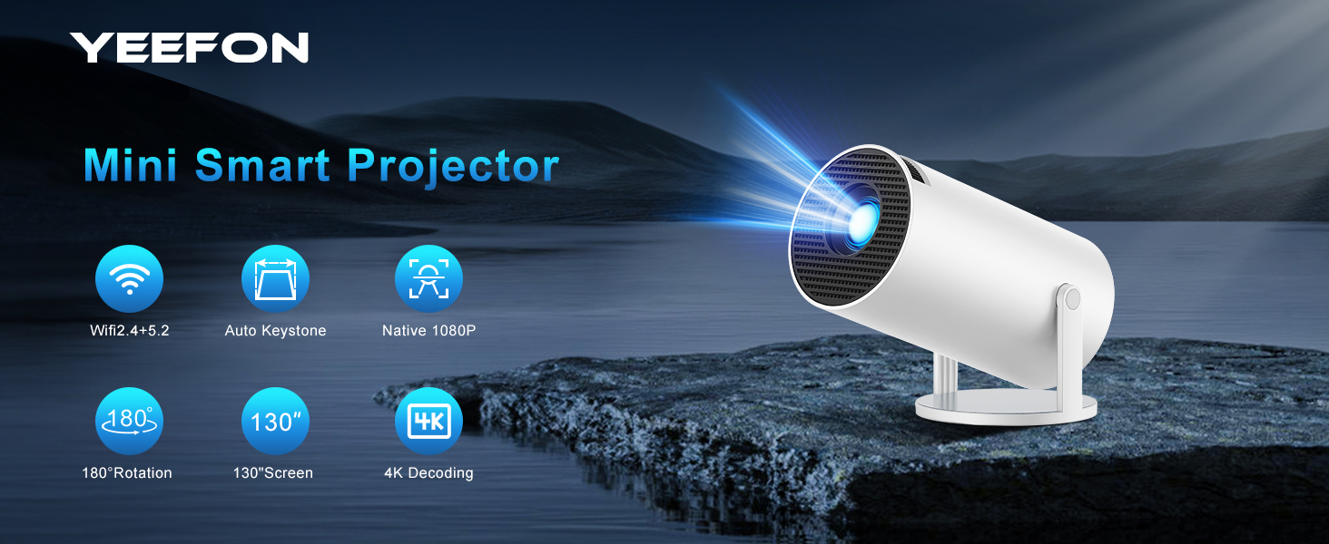 Портативний проєктор Mini Beamer 4K з підтримкою WiFi 6 та Bluetooth 5.4. Підходить для Android 11, HDMI, TV Stick, Laptop. Автоматичне регулювання Keystone, обертання 360°. Модель HY300PRO