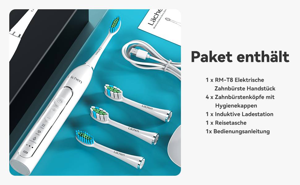 Електрична зубна щітка Lächen Sonic RM-T8B з 4 насадками, таймером, 3 режимами та 3 рівнями вібрації, білий