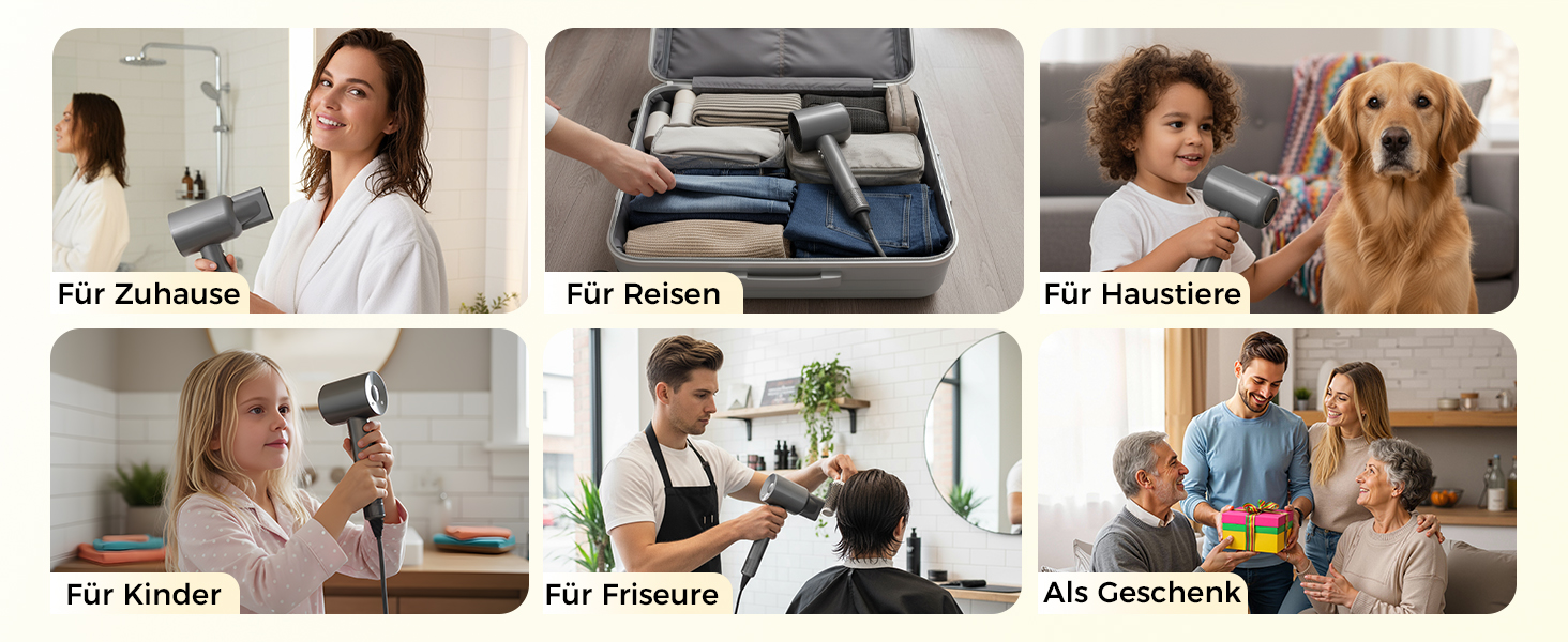 Фен для волосся з дифузором та 5 насадками для стайлінгу, іонізація, безщітковий мотор 1600 Вт, низький рівень шуму, сірий