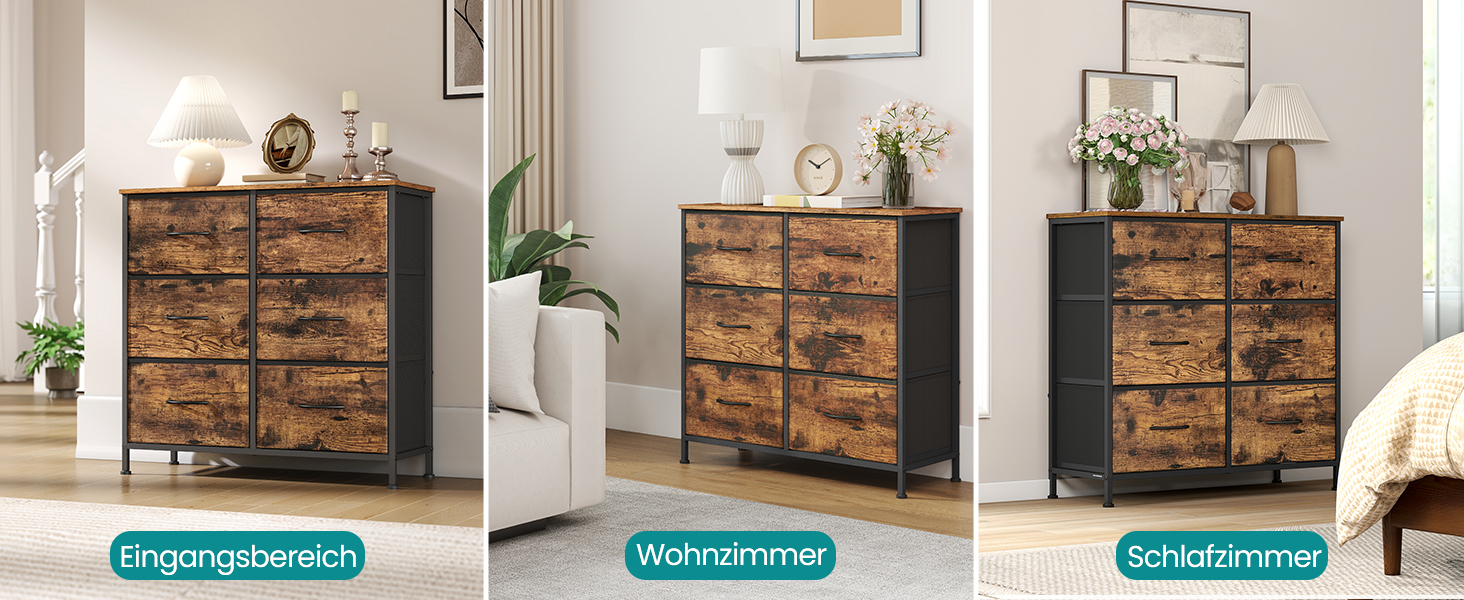 SONGMICS Комод з 8 висувними ящиками, шафа для зберігання, сталь, MDF, флізелін, для спальні, прихожої, вітальні, вінтажний коричневий + чорний, LGS124BH04