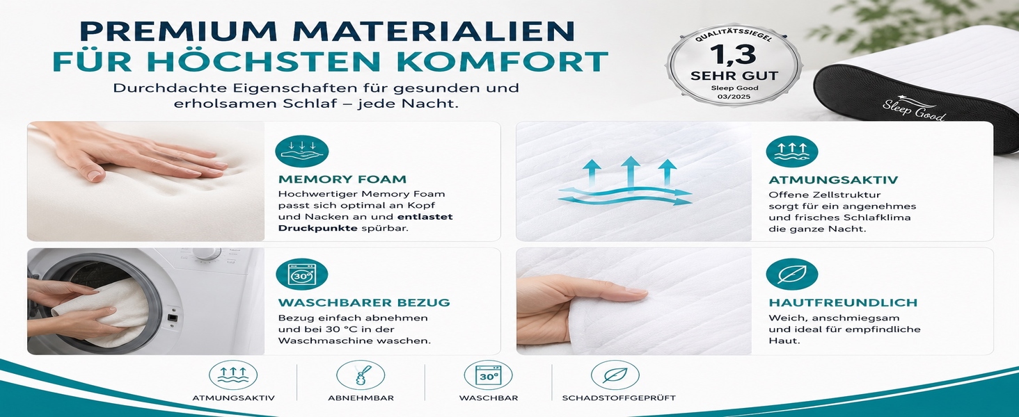 Ергономічна подушка для шиї Sleep Good з ефектом пам'яті (Memory Foam), регульована по висоті, для сну на боці та спині, зі знімним чохлом