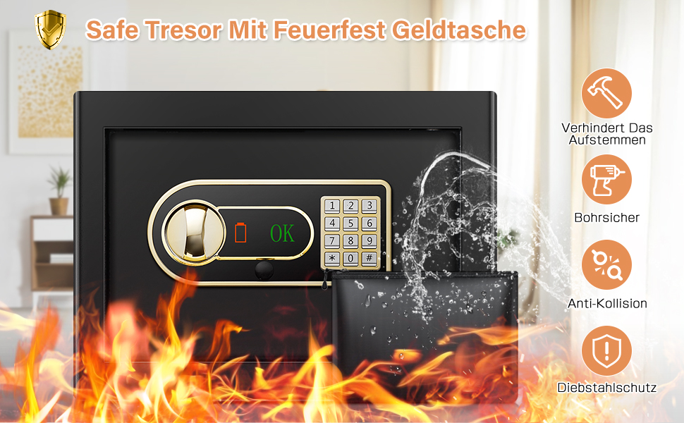 Пожежостійкий сейф Safe Tresor 25L з висувним ящиком та відділенням для батарей, для грошей, ювелірних виробів, документів