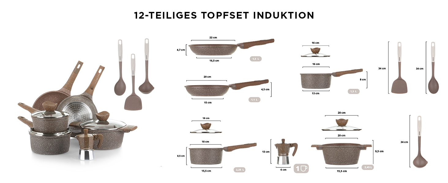 Набір каструль та сковорідок KASANOVA з антипригарним покриттям, індукційне дно, 4-шарове покриття, сучасний дизайн
