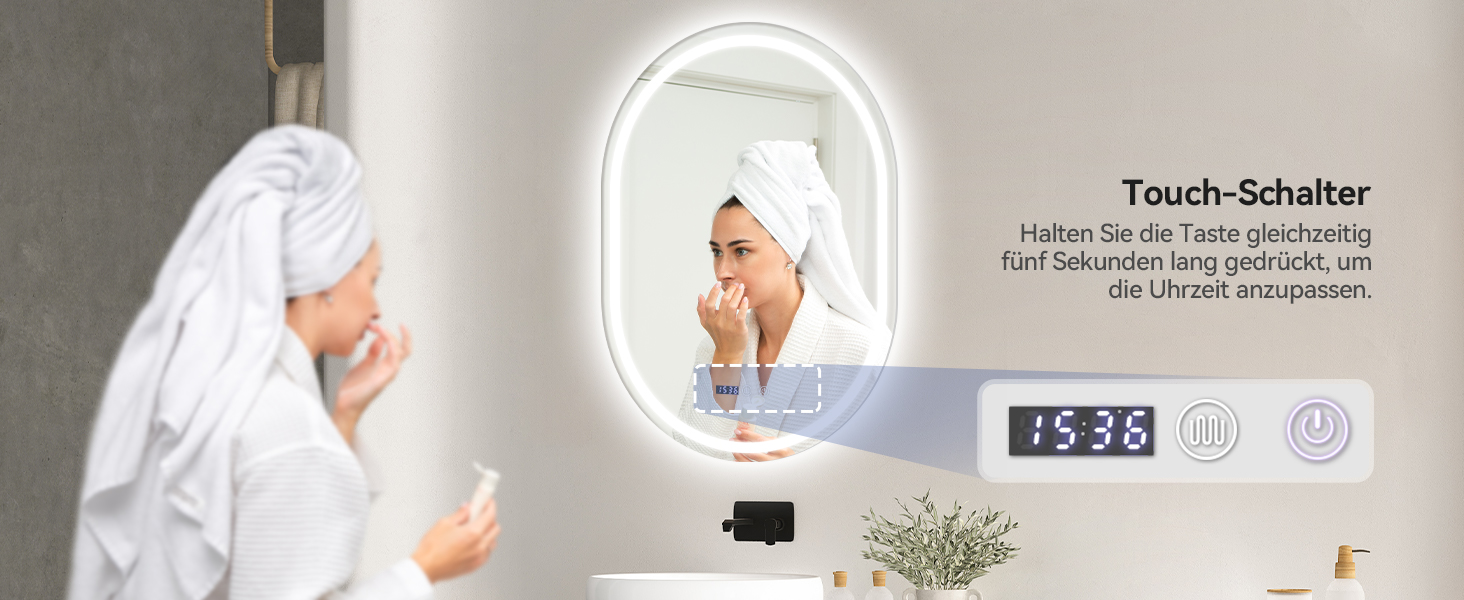 Дзеркало для ванної кімнати YOURLITE з підсвічуванням, кругле, 60 см, LED, 3 кольори, диммування, сенсорне управління, антизапар, пам'ять, IP44, овальне