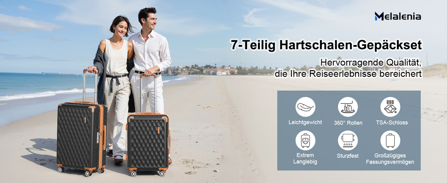Набір валіз Melalenia 3 в 1: жорсткий корпус, легкі, з TSA замком та 4 колесами (чорний, 7 шт. з рюкзаком для подорожей)