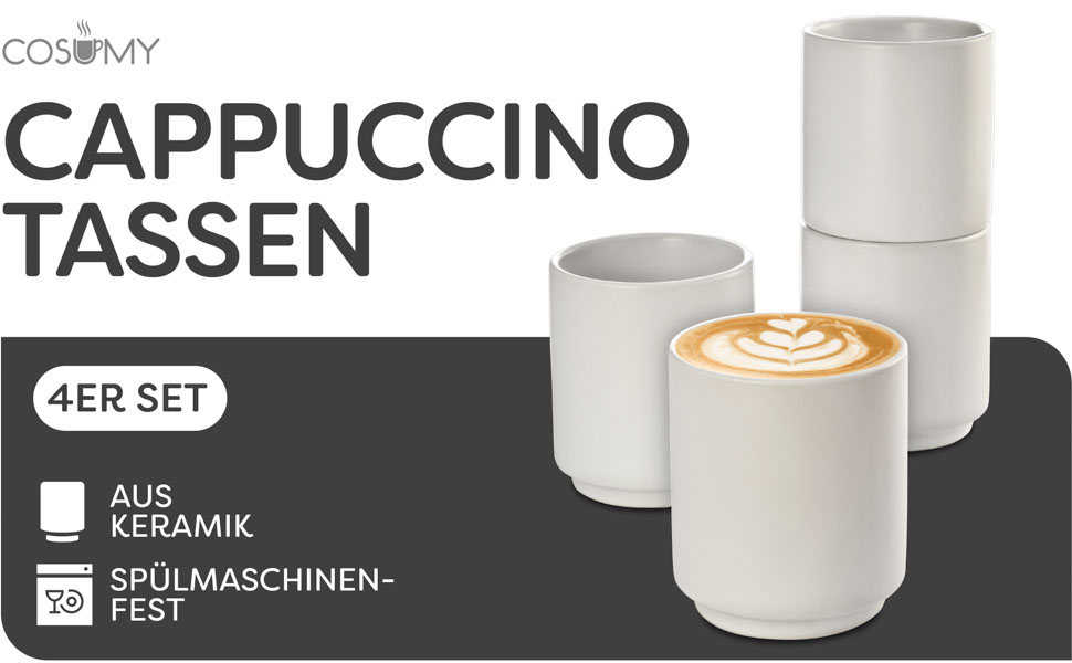 Чашки для капучино керамічні білі набір з 4 шт. - штабельовані, можна мити в посудомийній машині, товсті стінки (200 мл)