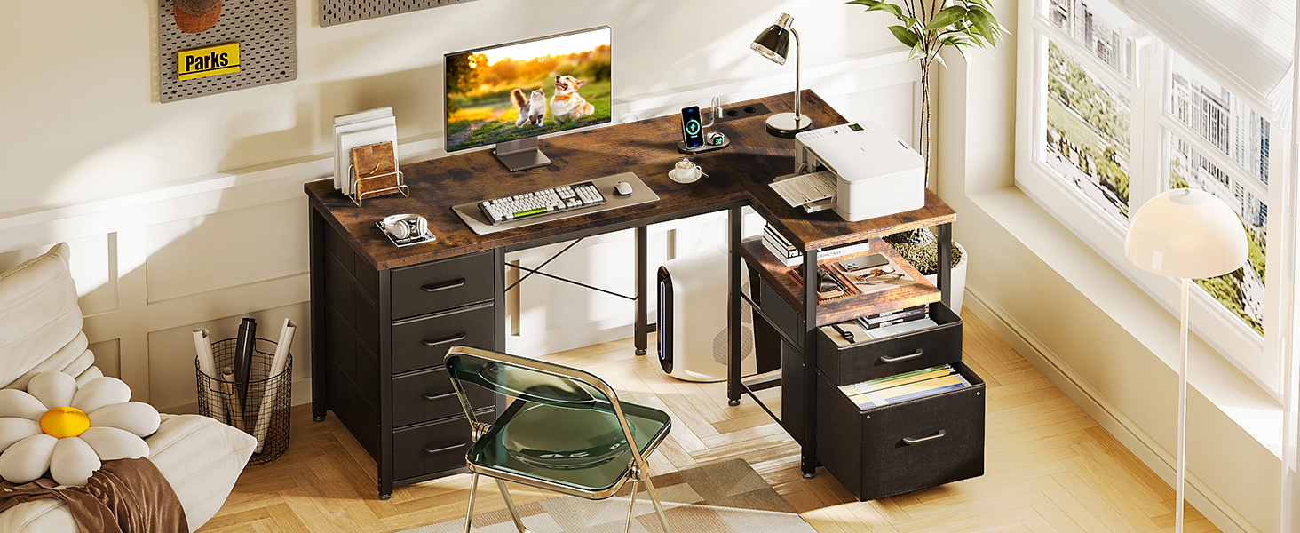 Комп'ютерний стіл Coleshome L-подібний з висувними ящиками з тканини, USB-роз'ємом та розеткою, для дому та офісу (Колір: Коричневий, 140x70 см)
