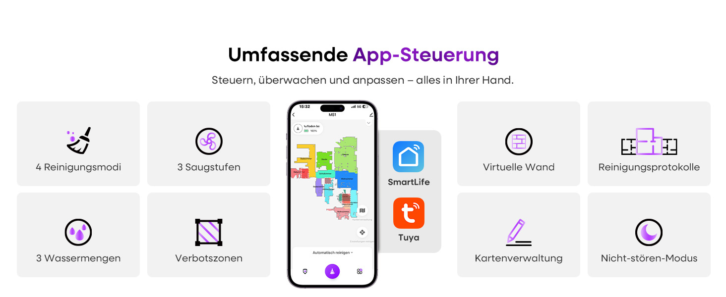 Робот-пилосос MONSGA з функцією миття, 5000Pa, час роботи 180 хв, система захисту від ковтунів, LiDAR навігація, для килимів та шерсті тварин, керування через додаток та пульт (чорний)