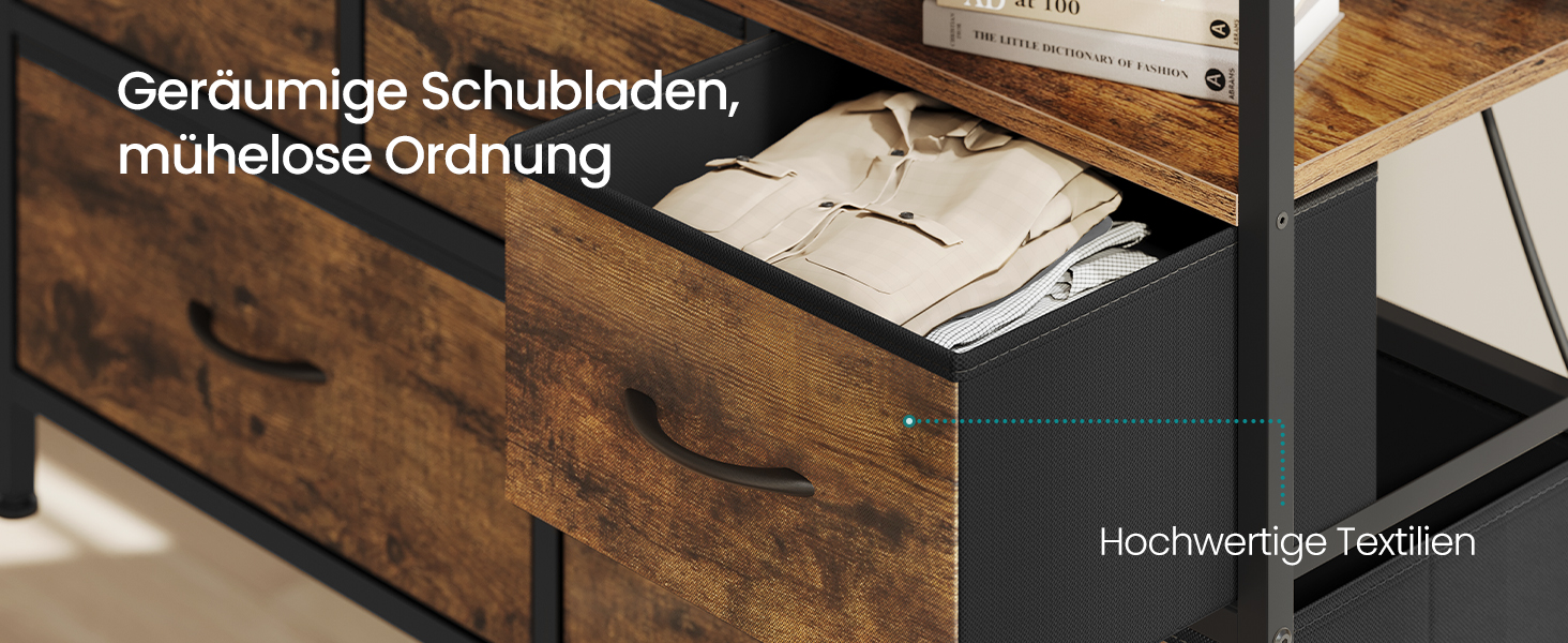 SONGMICS BELLAH: Комод з LED-підсвіткою, тумба з бездроговою зарядкою, 5 шухляд, індустріальний стиль, vintage brown + ink black