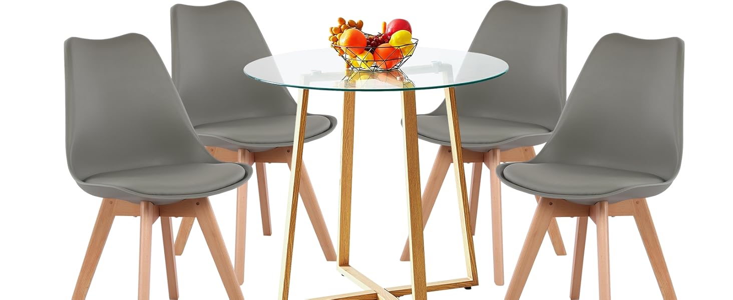 Обідній стіл HJ WeDo з 2 стільцями, круглий скляний стіл у скандинавському стилі, білий, для балкону, вітальні та їдальні