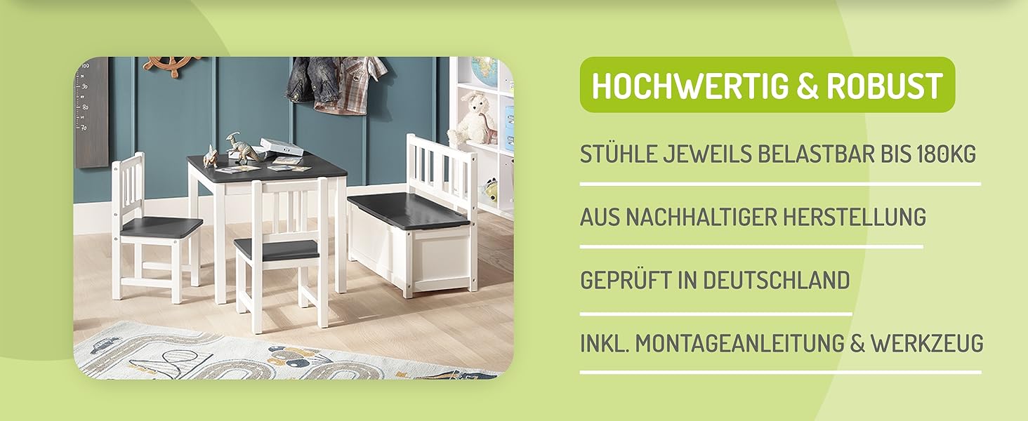 Дитячий меблевий набір Bomi Anna: стіл, 2 стільці та лавка-сховище | Меблі для дитячої кімнати з FSC сертифікованого дерева | Білий