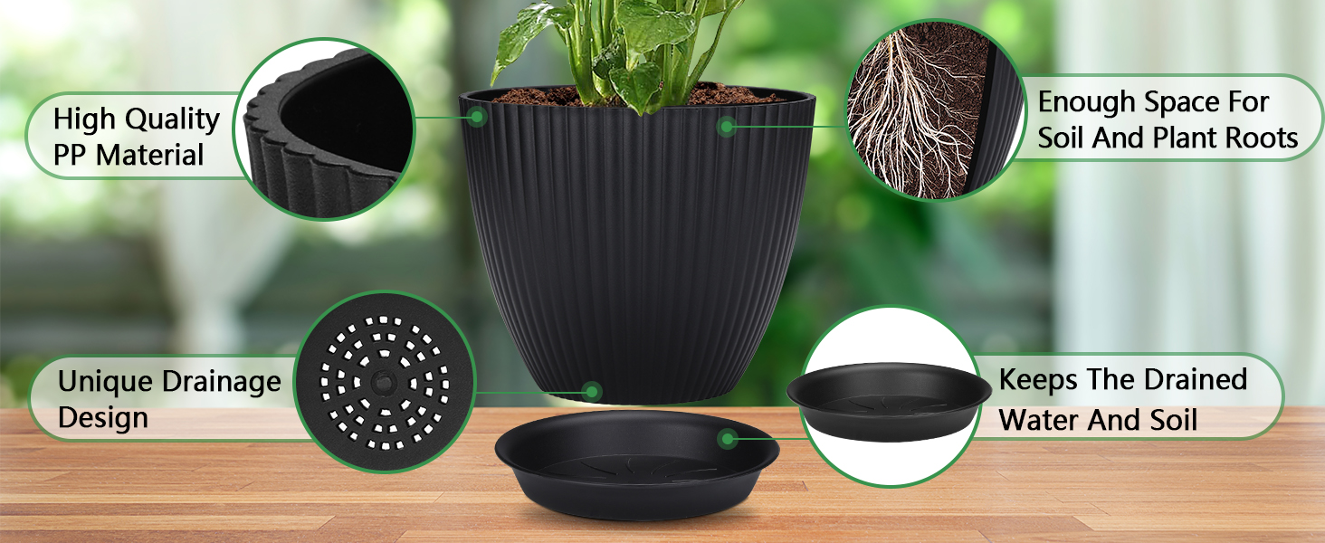 Набір горщиків для квітів з пластику, 8 шт. з отворами, круглі підставки, горщики для кактусів та трав, набір для офісу, балкону, саду, сукулентів, чорний