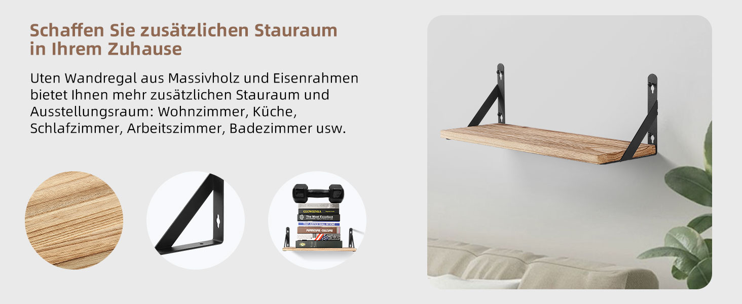 Набір настінних дерев'яних полиць Uten у рустикальному стилі з тримачем для рушників, 2 шт., світло-коричневий — для ванної кімнати, кухні, вітальні та спальні