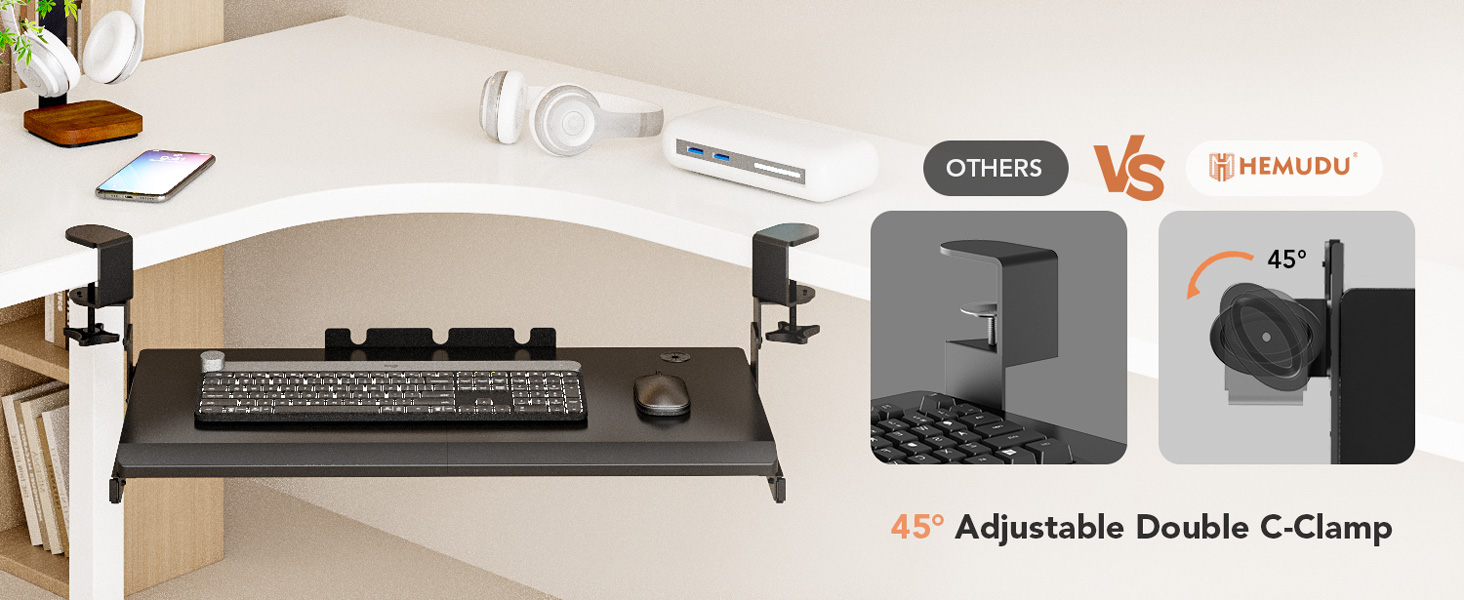 Висувна полиця під клавіатуру під стіл, чорна, з міцним C-кріпленням, 27.3x27.9 см (82.5 см з кріпленнями)