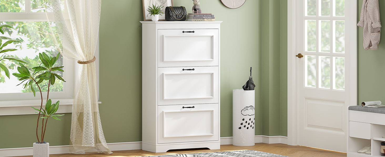 Шкаф для взуття Brinlawb з 3 дверцятами, білий. Комод для взуття, полиця для взуття з регульованими перегородками, для 14-18 пар. Дерев'яний шкаф для вхідної зони, коридору, вітальні.