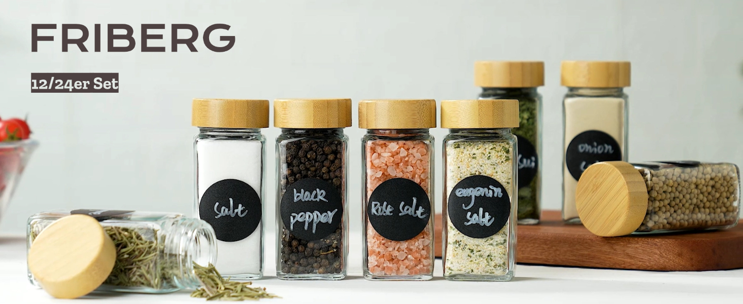 Набір скляних банок для спецій FRIBERG, 20 шт. з дерев'яними кришками, млини для спецій, етикетки