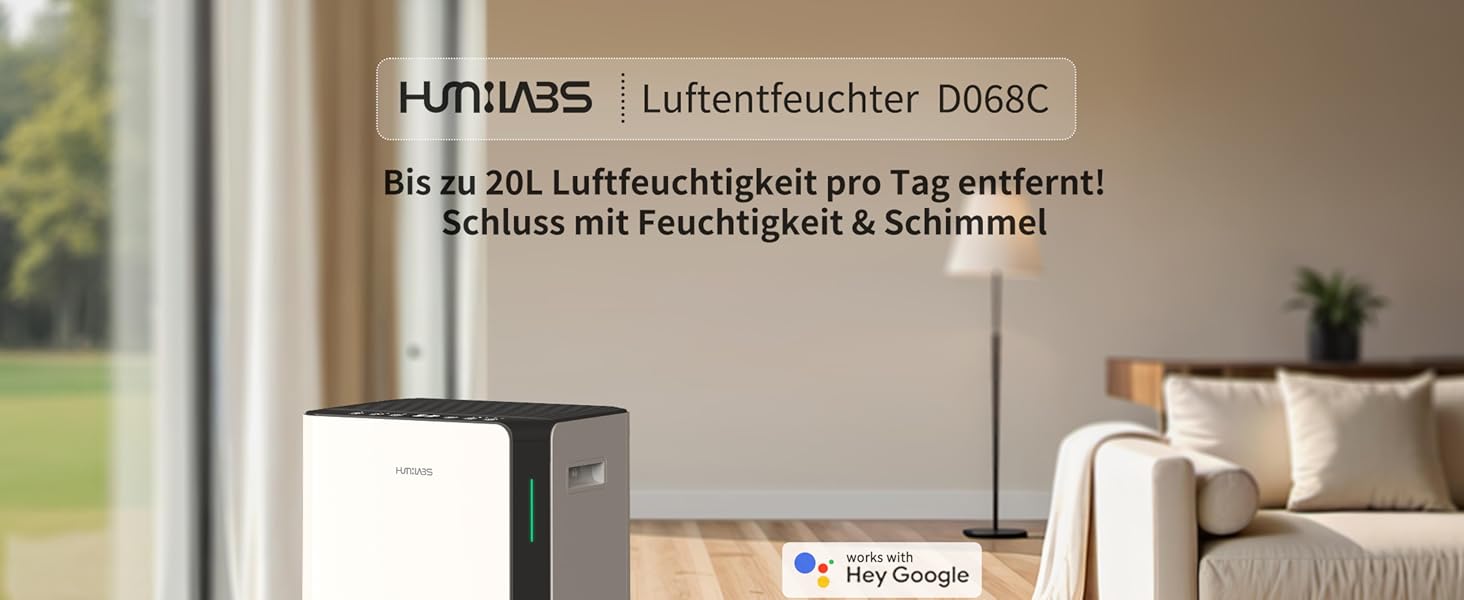 Електричний осушувач повітря HUMILABS 20L з Wi-Fi, для приміщень до 60 м², з гофрованим шлангом, резервуар 4,5л, 3 режими, таймер 24г, білий