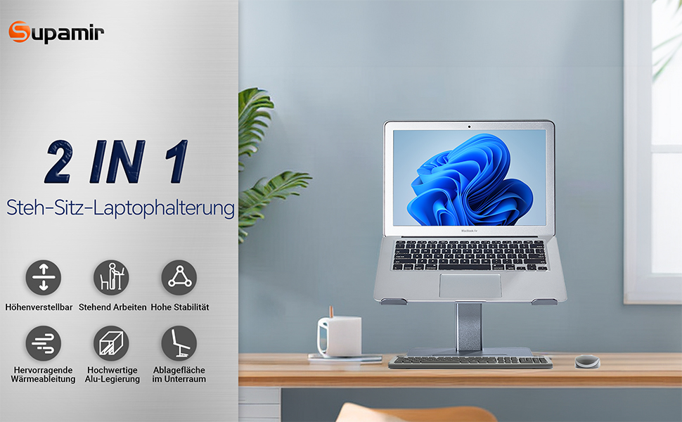 Регульований підставка для ноутбука, стійка для ноутбука на стіл, можливість стоячи, підставка для DJ ноутбука, компактна альтернатива столу, сумісна з MacBook та ноутбуками 13' - 16.5', чорний (сріблястий)