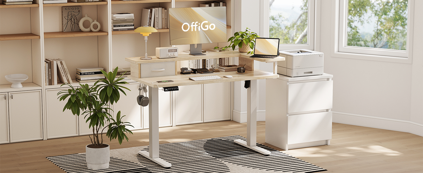 Електричний стіл OffiGo з регулюванням висоти, 120x60 см, з ящиком та USB, ергономічний, для комп'ютера, кленова поверхня
