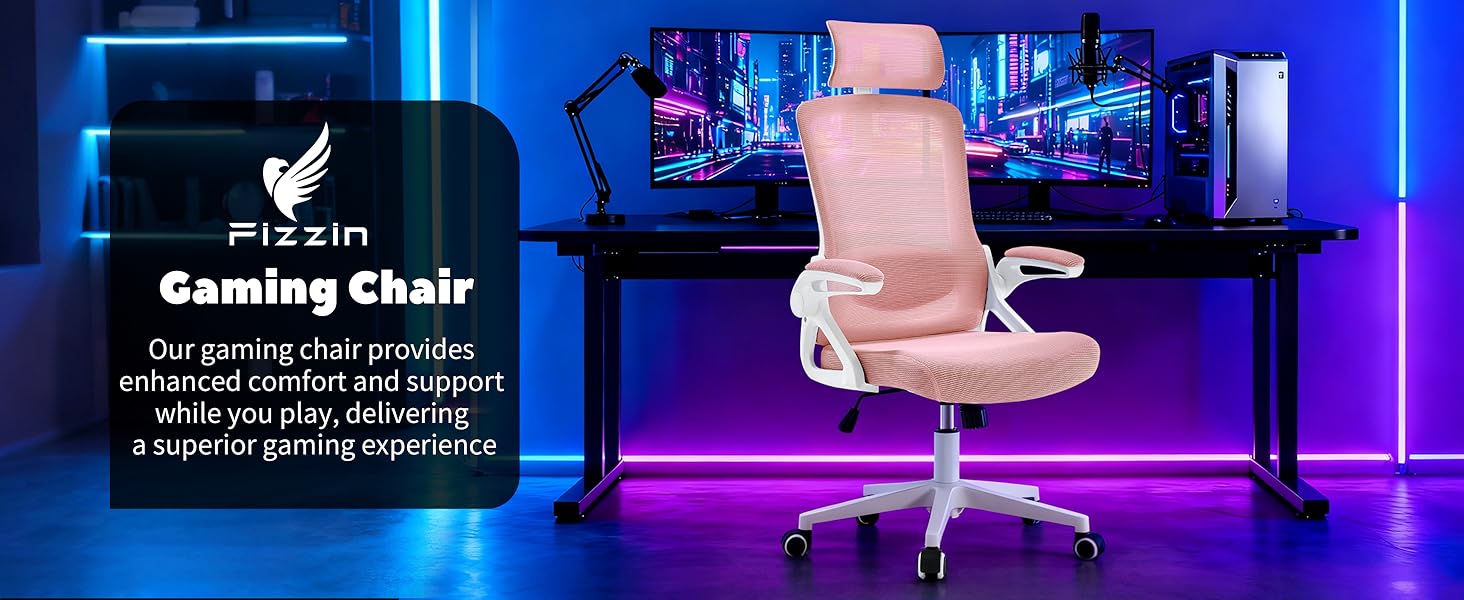 Ергономічне крісло для офісу Fizzin, комп'ютерне крісло з регульованою поперековою підтримкою, дихаюча сітчаста спинка, посилене сидіння, зручне крісло для дому та офісу (рожеве)