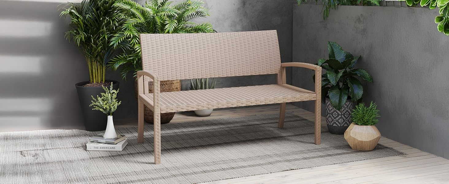 Садова лавка з поліротангу UDPATIO для тераси, балкону та саду, бежева (123x63x86 см, витримує до 320 кг)