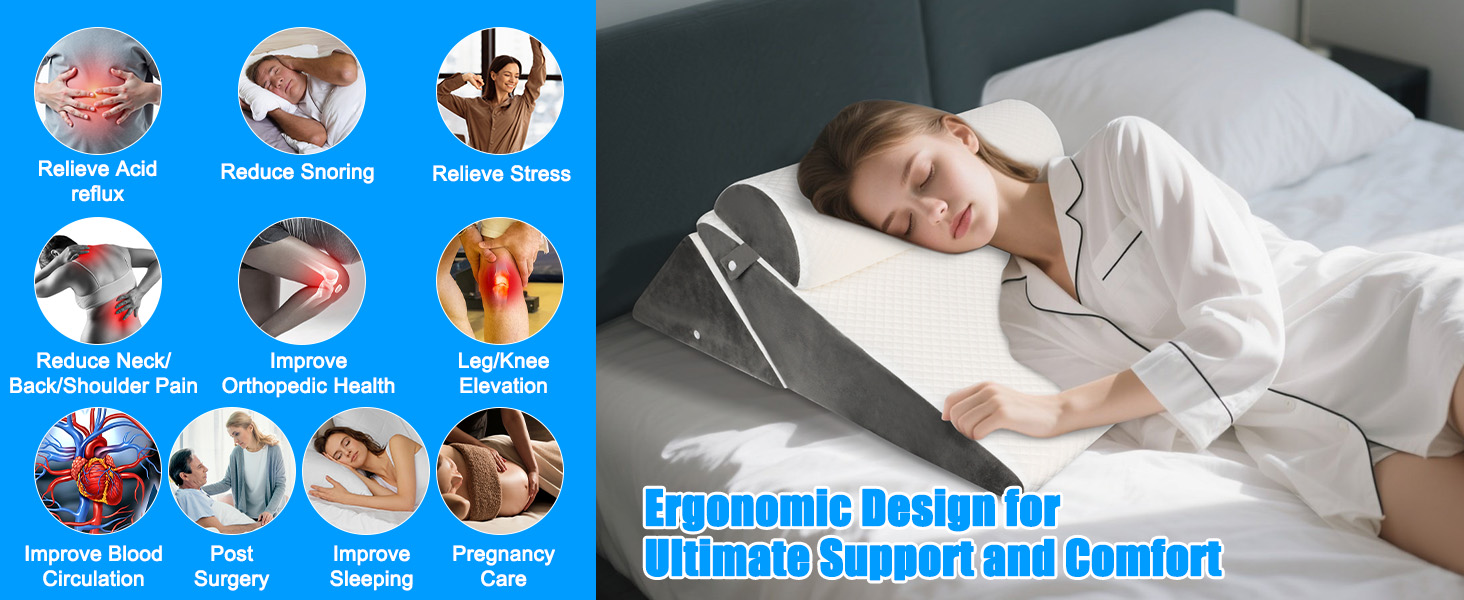 Регульована кліновидна подушка для ліжка та дивана, ортопедична подушка від рефлюксу та хропіння, підтримка спини та ніг, пінополіуретан