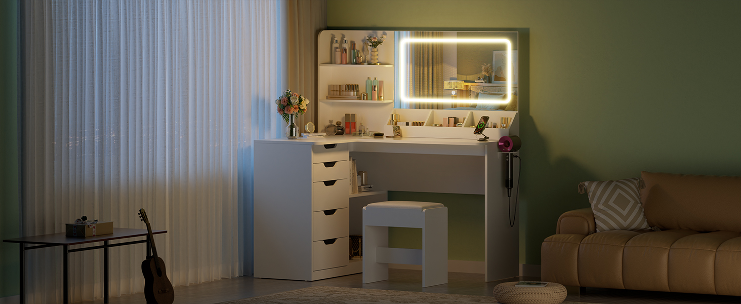 Дзеркальний столик для макіяжу Devoko з LED-підсвічуванням та пуфом, кутовий туалетний столик з розеткою, 5 ящиків, відкриті полиці, тримач для фену, для спальні (білий)