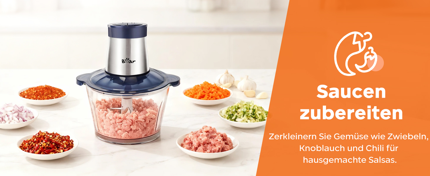 М'ясорубка електрична Bear 2л + 1.8л, подрібнювач зі скляною та нержавіючою сталлю, 600W, 2 швидкості, 4 сталеві ножі для м'яса, дитячого харчування, овочів та фруктів