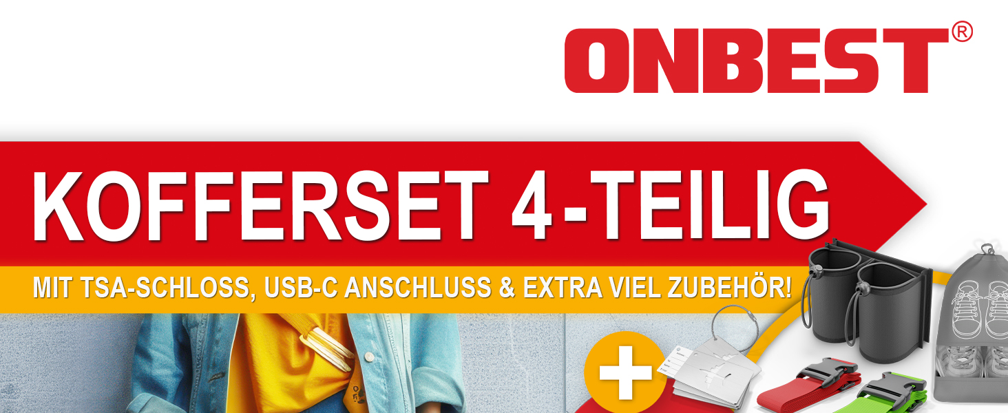 Набір валіз Onbest Premium 4-в-1 з жорстким корпусом, TSA-замком та USB-портом. В комплекті: ваги, ремені, адресники, тримач для напоїв, чохол для взуття та чотири чохли від пилу. Рожевий колір.