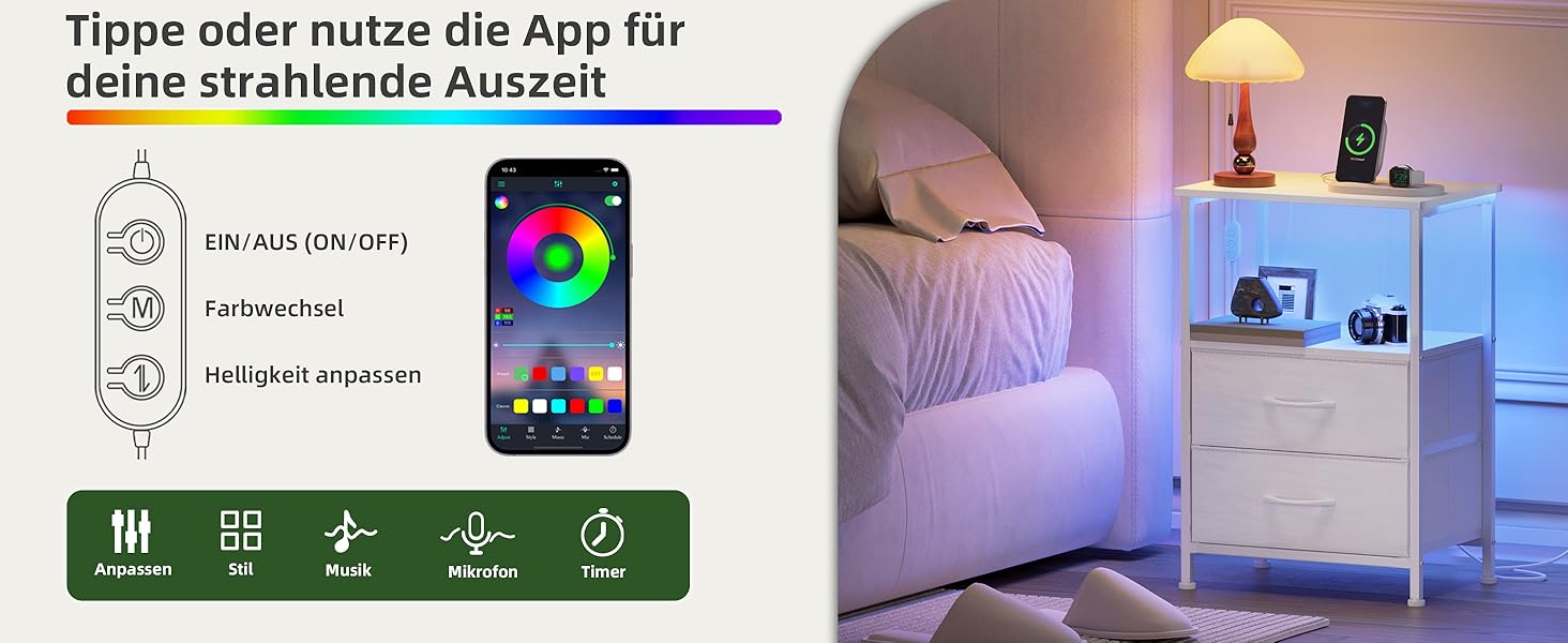 Нічний столик Somdot з LED, USB та Type-C, 2 висувні ящики, штучна шкіра, білий (30x40x60 см)