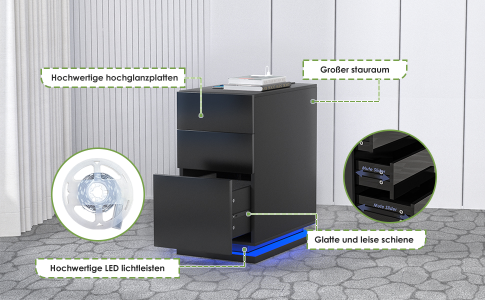 Вузька чорна тумба приліжкова з розеткою, USB, LED-підсвіткою 16 кольорів, 3 шухлядами, 50x30x63 см для спальні, сучасна