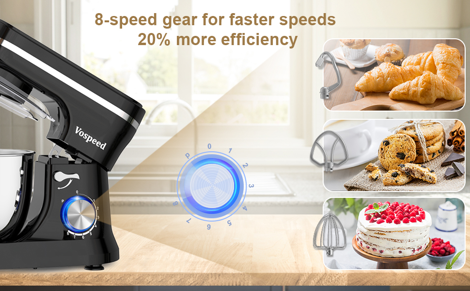 Кухонний комбайн-міксер Vospeed 1000W, планетарний міксер з чашею з нержавіючої сталі 5л, 8 швидкостей, набір насадок (гак, вінчик, міксер), чорний