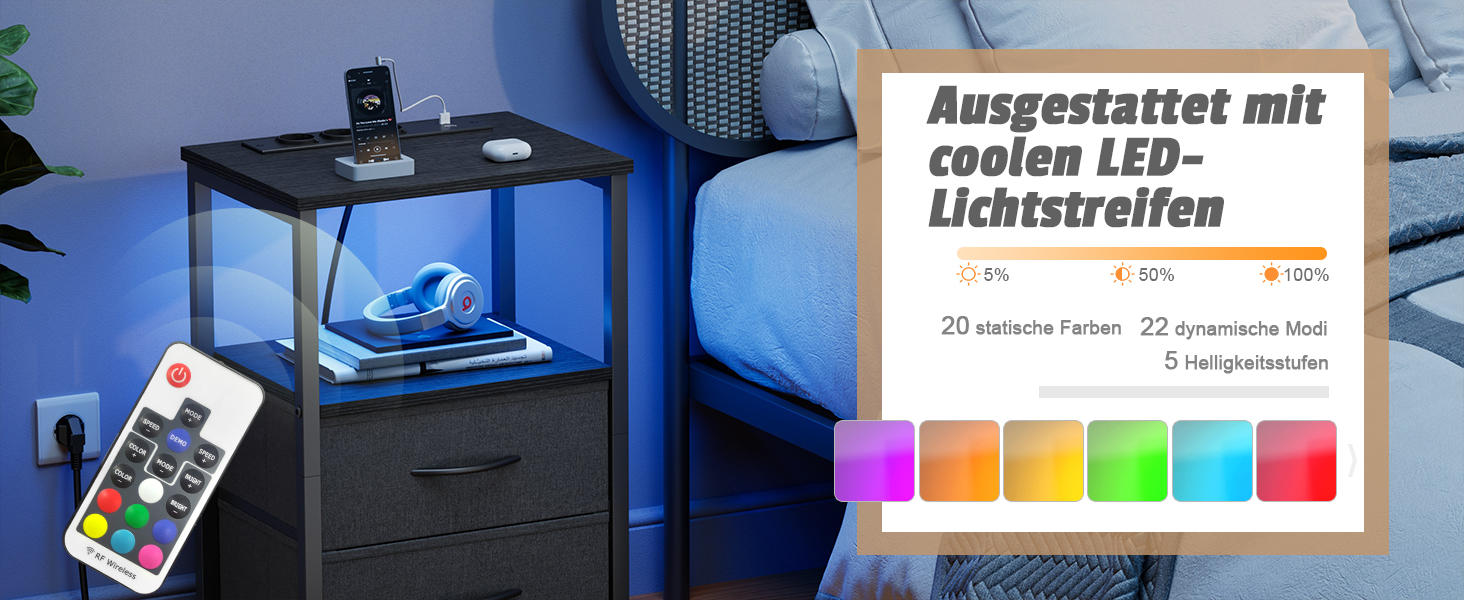 Нічний столик з LED-підсвічуванням та функцією зарядки, з ящиком, 3 розетки AC та USB-порти, для вітальні та спальні (40T x 30B x 60H cm, Чорний)