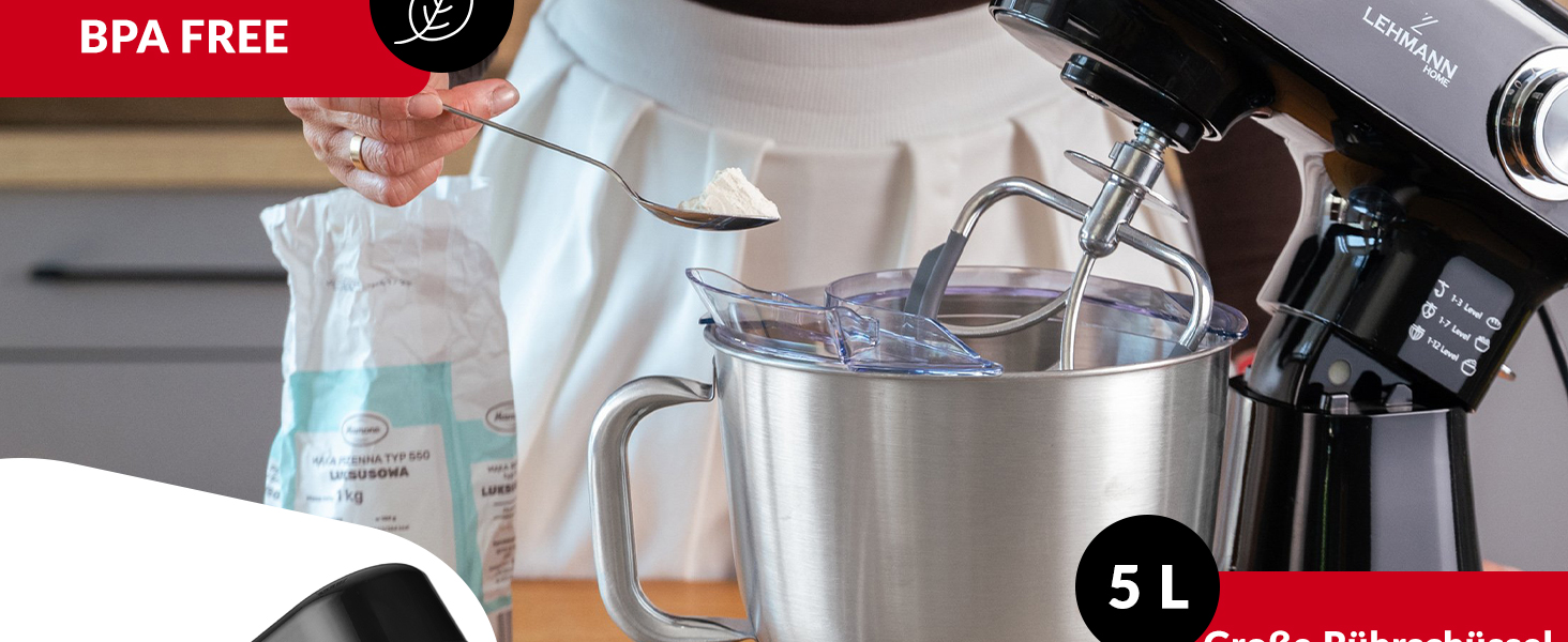 Кухонна машина Lehmann - планетарний міксер з набором аксесуарів - 3 насадки, захист від бризок, 5л чаша, 12 швидкостей, захист від перегріву, неслизька, чорний