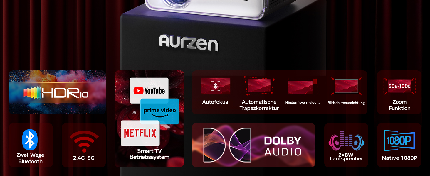 Aurzen Eazze D1 Smart Beamer: 4K проєктор для домашнього кіно з підтримкою 4K, Full HD 1080P, Netflix, Dolby Audio, автофокусом, корекцією трапеції, Wi-Fi, Bluetooth, білий
