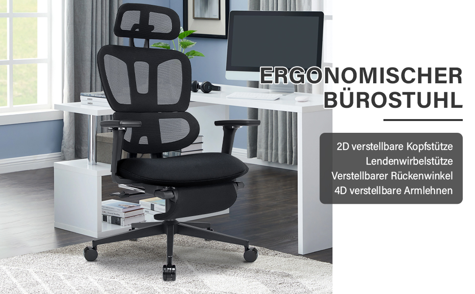 Ергономічне крісло для офісу з підніжкою, висока спинка, 2D підголівник, відкидні підлокітники, сидіння з губки, сітчастий офісний крісло, крісло для начальника, комп'ютерне крісло для дорослих, чорне