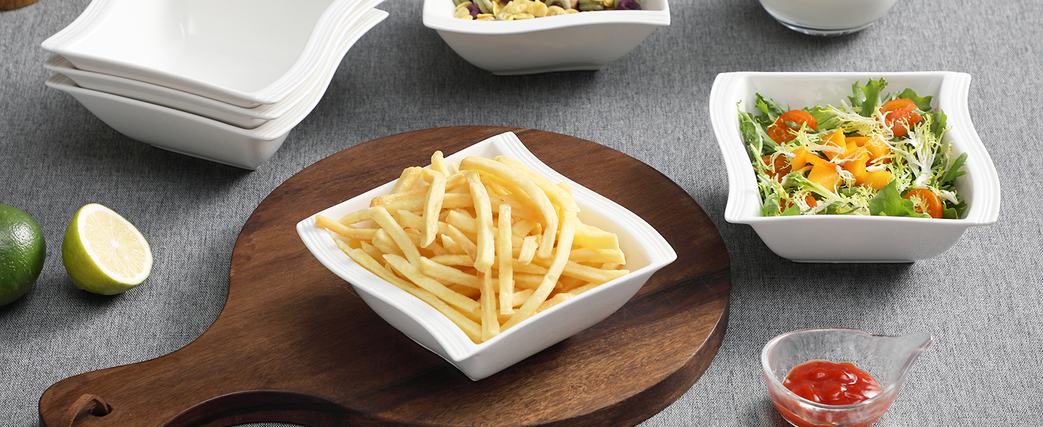 MALACASA Серія Flora – 60-елементний посуд для 12 осіб – кремово-білий порцеляновий сервіз з квадратним дизайном (тарілки, чашки, підставки) – придатний для миття в посудомийній машині та мікрохвильовій печі, білий