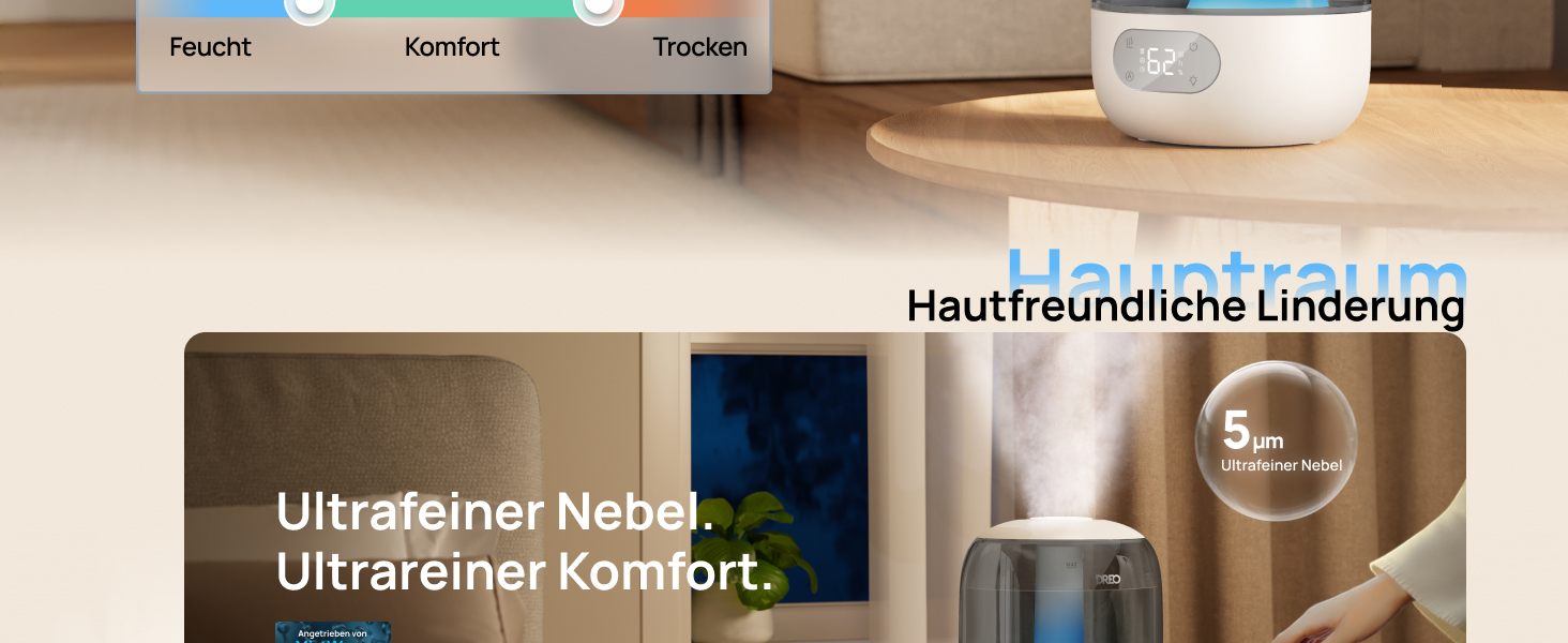 Зволожувач повітря Dreo для спальні, ультразвуковий холодний туман, 30 годин роботи, 3л резервуар, датчик вологості, нічник для дітей, кімнатних рослин та дому (Сірий)