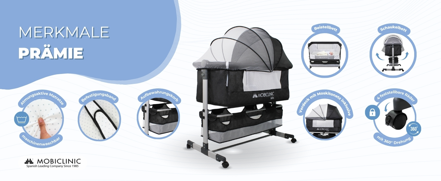 Дитяче ліжко Mobiclinic® 3-в-1: ліжко-гойдалка, ліжко-манежа, ліжко-бічне, чорне, до 20 кг