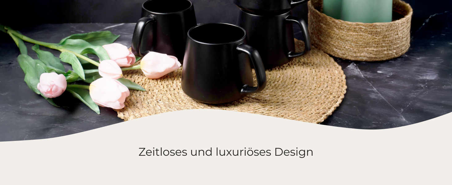 Набір керамічних чашок для кави та чаю MIAMIO Luxe Collection, 4 шт по 420 мл, чорні (підходять для мікрохвильової печі та посудомийної машини)