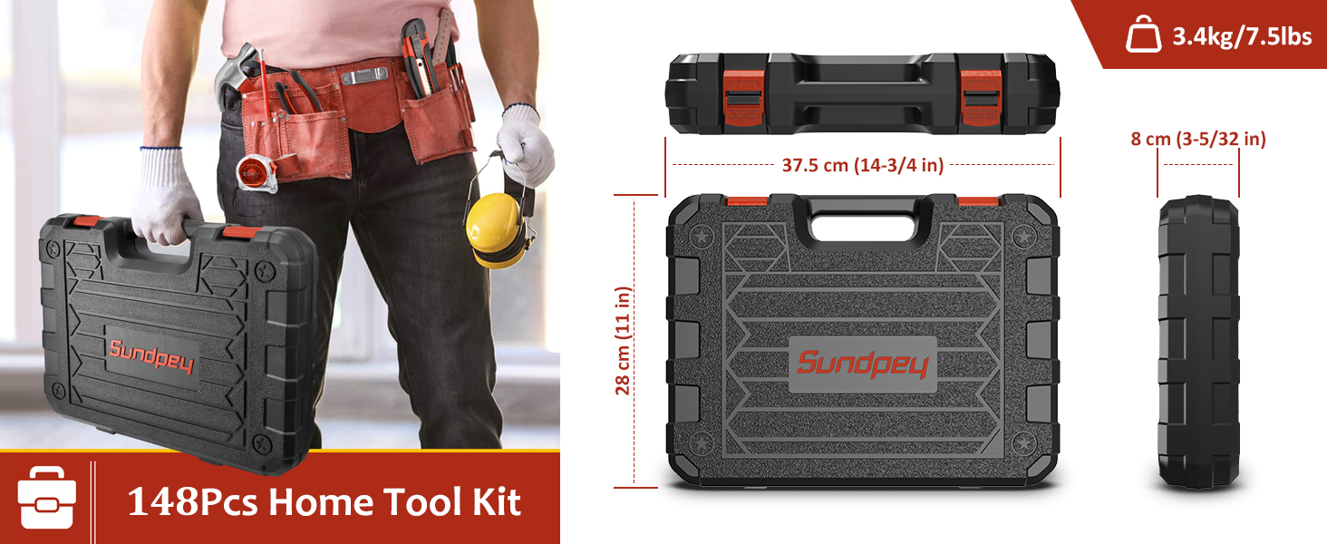 Набір інструментів Sundpey 148 предметів у кейсі: універсальний набір для дому з викруткою-тріскачкою, шестигранниками, плоскогубцями та тестером напруги для чоловіків і жінок (червоний)