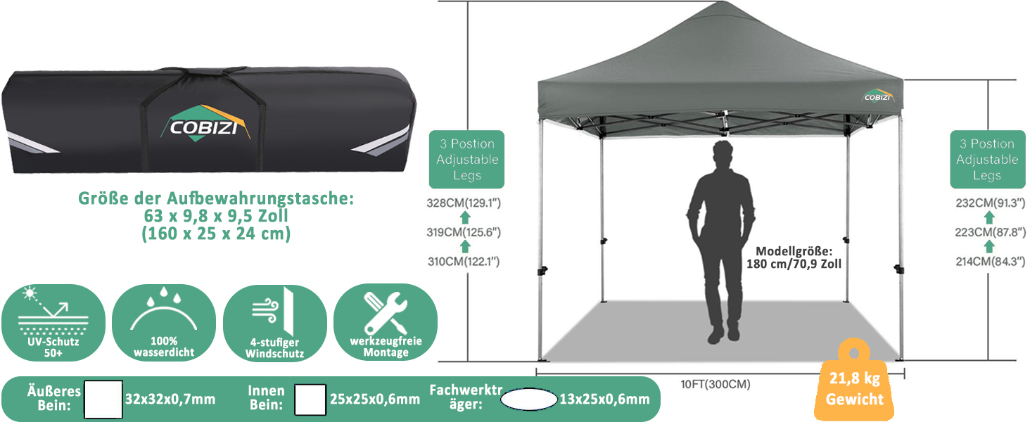 Павільйон COBIZI 3x3, водонепроникний, стабільний, зимостійкий, з боковою стінкою, Pop-Up, для вечірок, сонцезахисний, садовий, складаний, з сумкою та колесами (3x3м)