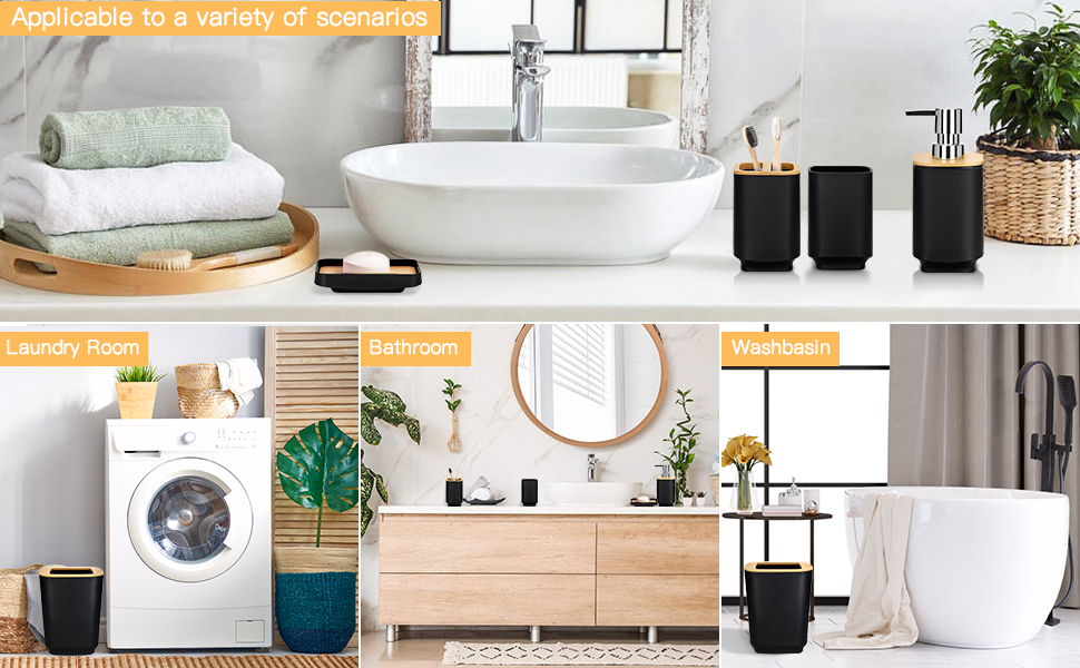 Набір аксесуарів для ванної кімнати JOTOM 6 шт. з бамбука, чорний: мильниця, дозатор мила, тримач для зубних щіток, стакан, сміттєве відро