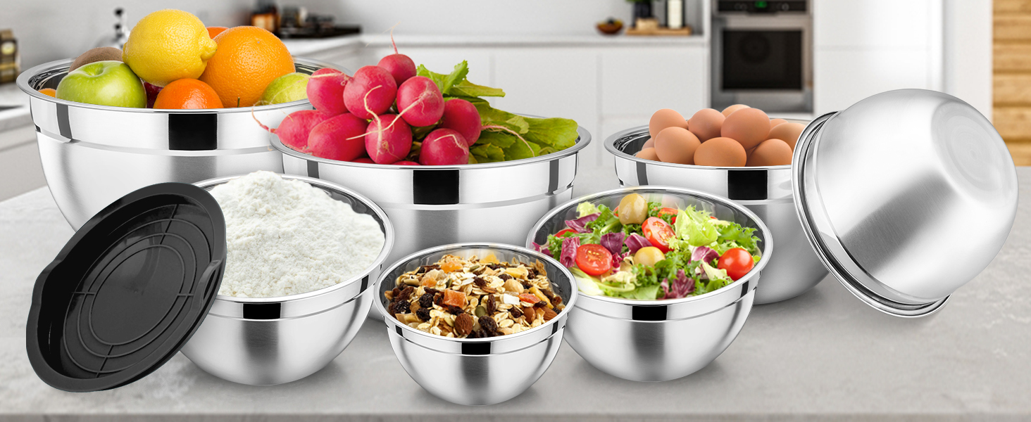 Набір місок HaWare 7 шт. з нержавіючої сталі з кришкою, 6.5-0.7L, чорний, для приготування їжі, миття в посудомийній машині