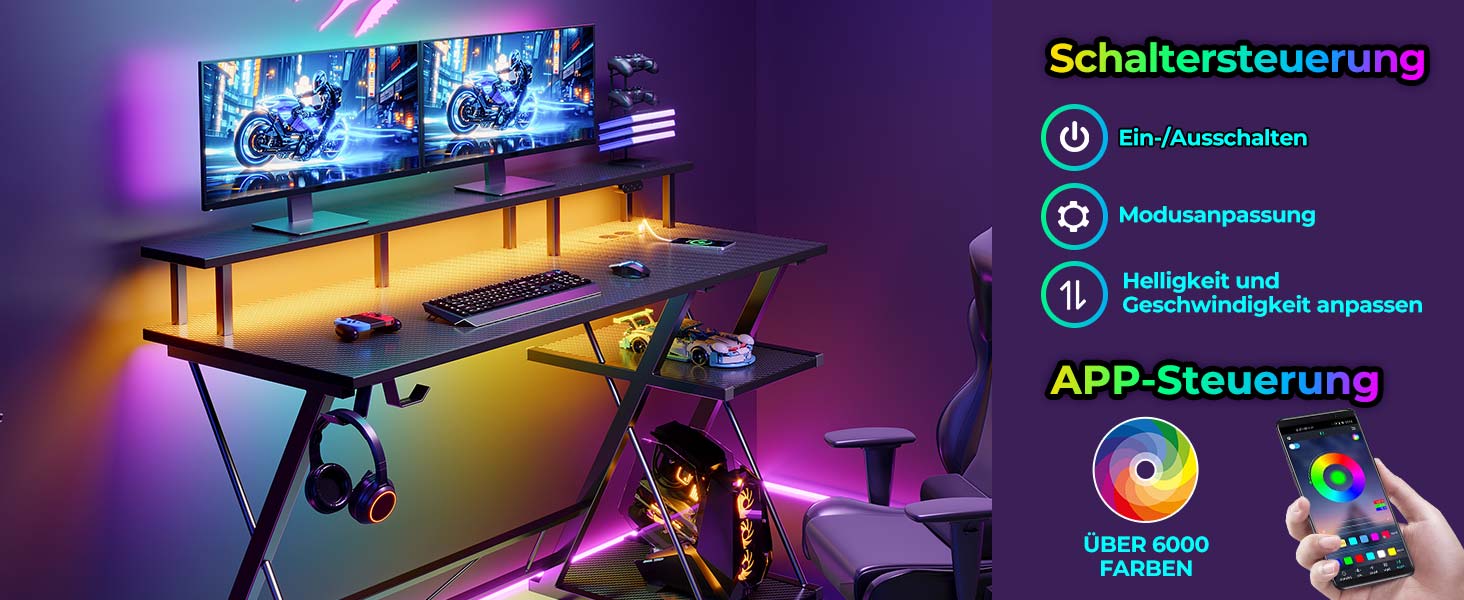 Ігровий стіл SEVEN WARRIOR з LED-підсвічуванням та розетками, з підставкою для монітора, 120 см