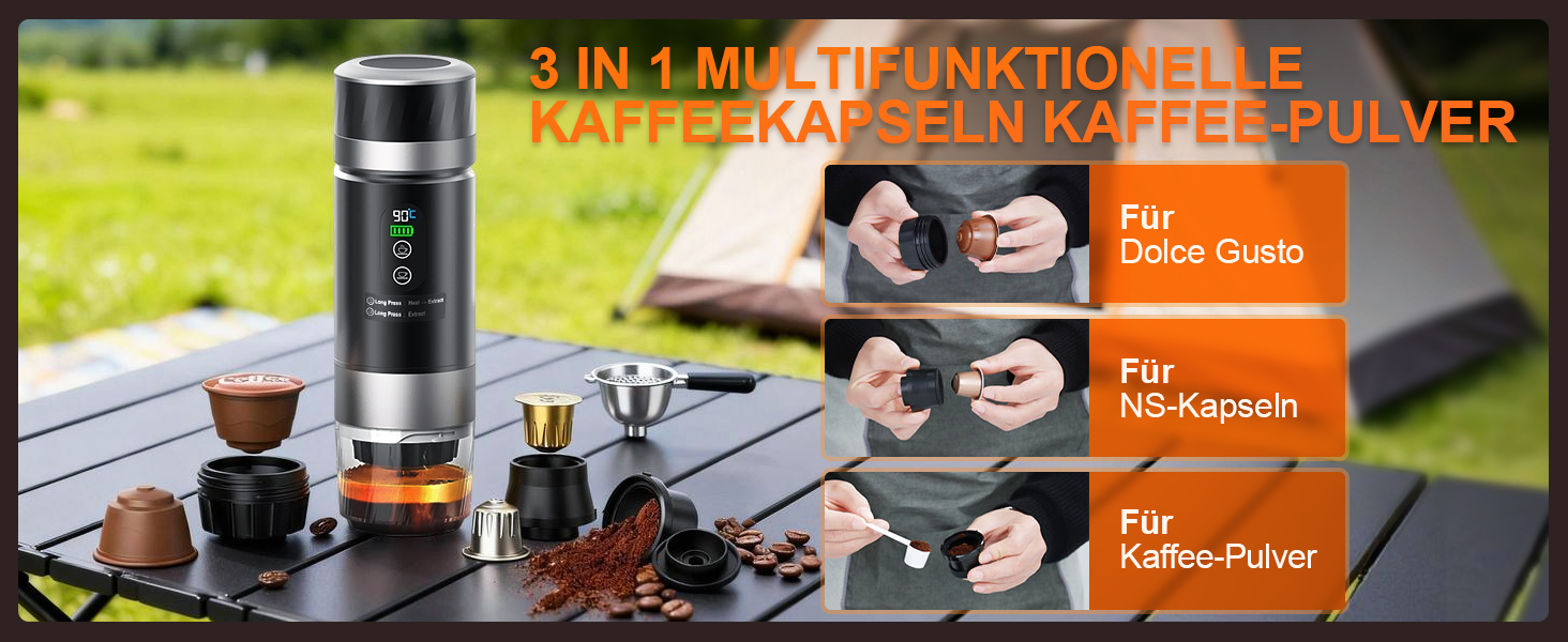 Кавомашина портативна 3-в-1, 20 бар, для кави в капсулах та меленій каві, з дисплеєм, для подорожей, офісу, авто - Чорна