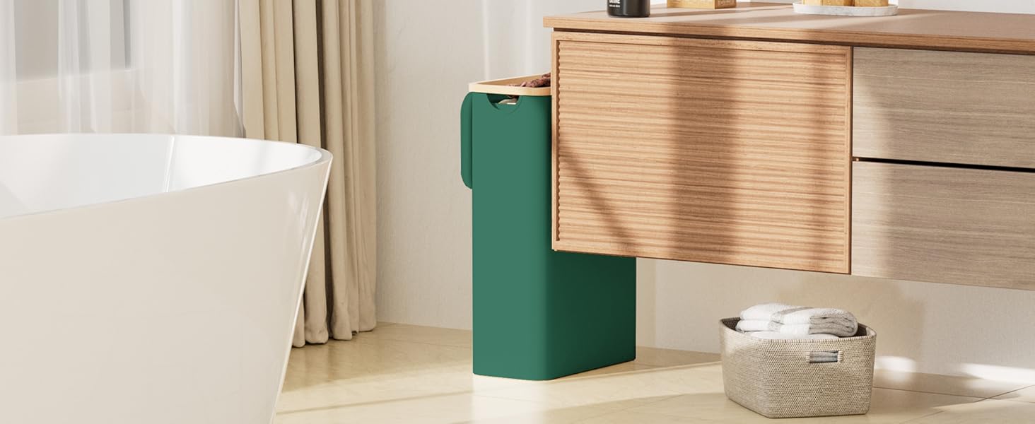 Кошик для білизни Youdenova з кришкою, 48л, вузький, з мішком, сортувальник, бамбук, білий