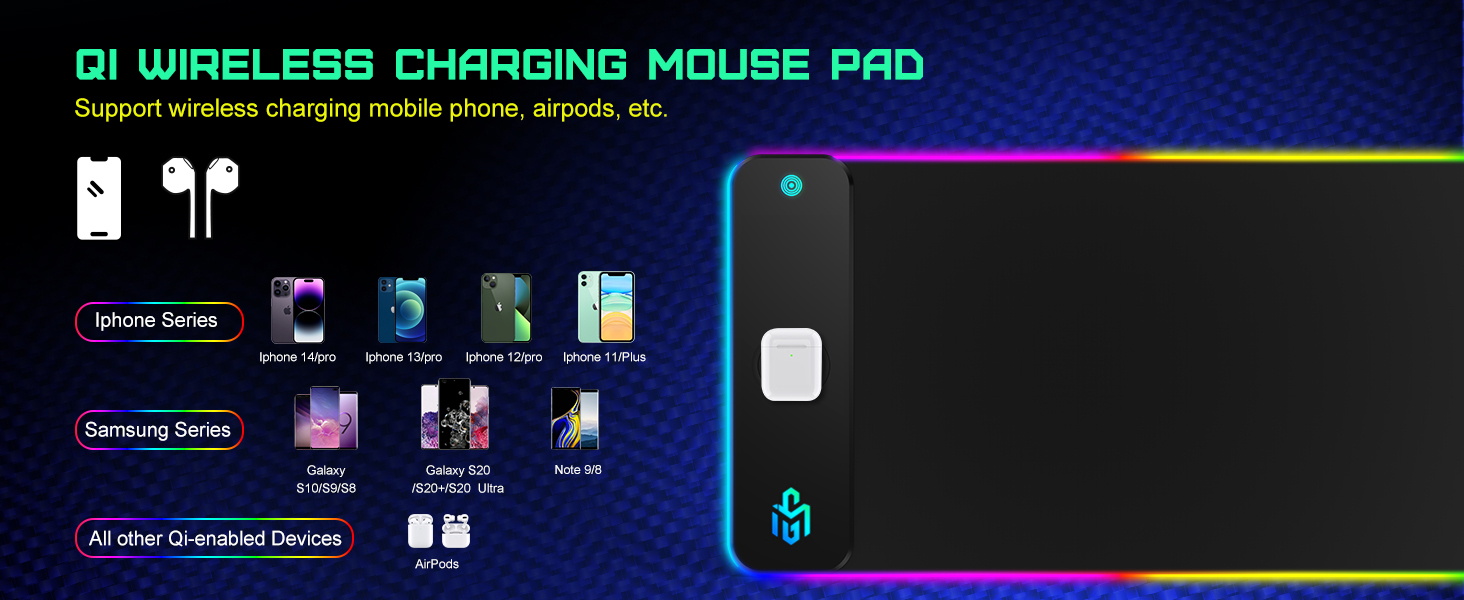 Ігрова мишка pad RGB з LED підсвічуванням та бездротовою зарядкою Qi 15W, чорний. Підходить для геймінгу, офісу та дому. Вологостійкий, з антиковзаючою поверхнею.