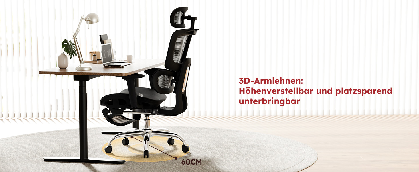 Ергономічне крісло для офісу Voll-Mesh з підголівником, підставкою для ніг, регульованою спинкою, підлокітниками, автоматичною поперековою підтримкою, PU-колесами, поворотним на 360°, до 150 кг, чорне